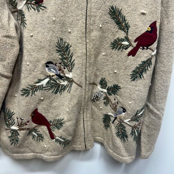 Croft & Barrow Holiday Cardinal Red tan Bird Zip Front Cardigan sweater 1x - Picture 2 of 9